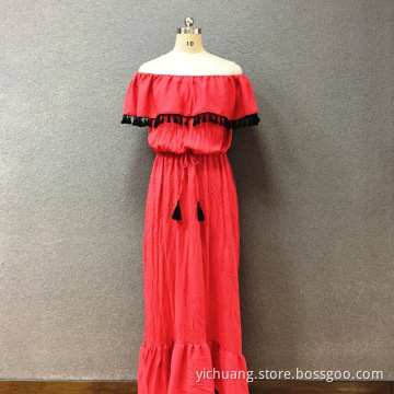 Women's viscose red wrinkle long dress